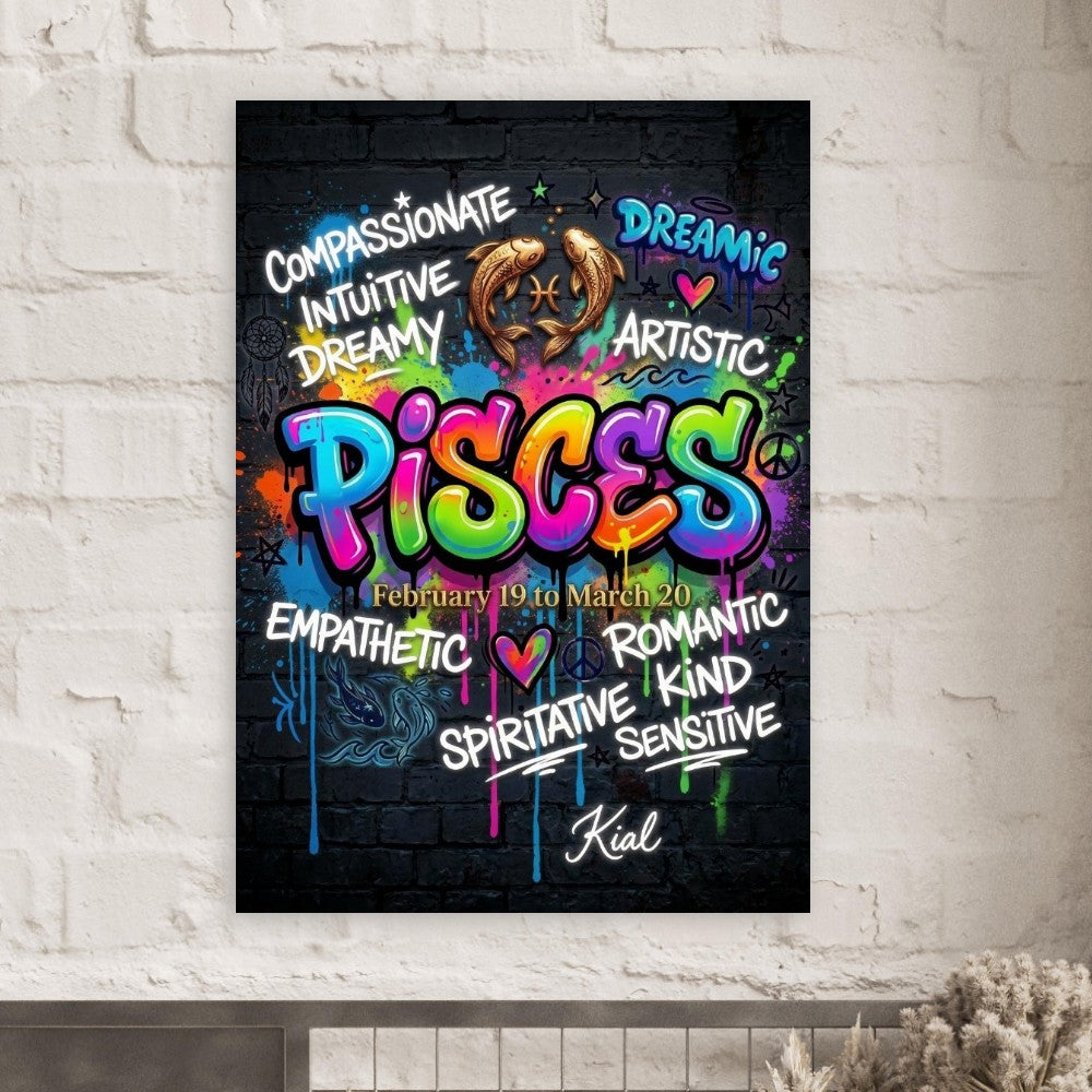 Pisces Neon Graffiti Zodiac Poster, Dark Background, Colorful Street Art, Zodiac Gift for Her, Danish Art Studio