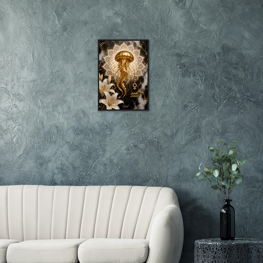Aquarius Zodiac Jellyfish Poster, Gold Wall Art, Zodiac Gift for Her, Danish Art Studio