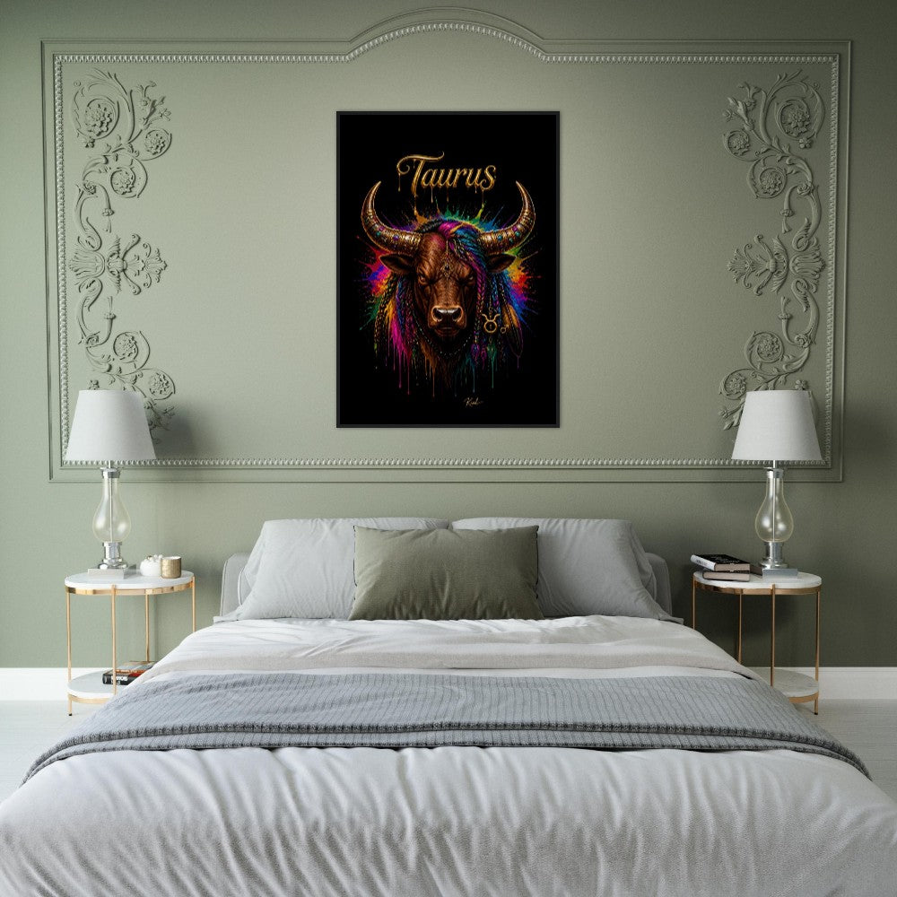 Taurus Neon Zodiac Bull Poster, Colorful Wall Art, Artistic Astrology Canvas, Zodiac Gift for Him, Danish Art Studio