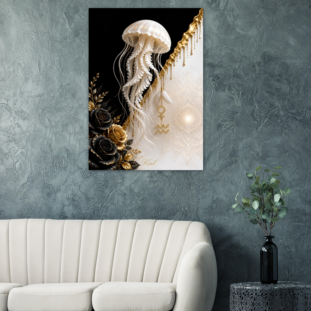 Aquarius Zodiac Jellyfish Poster, Gold Wall Art, Zodiac Gift for Her, Danish Art Studio