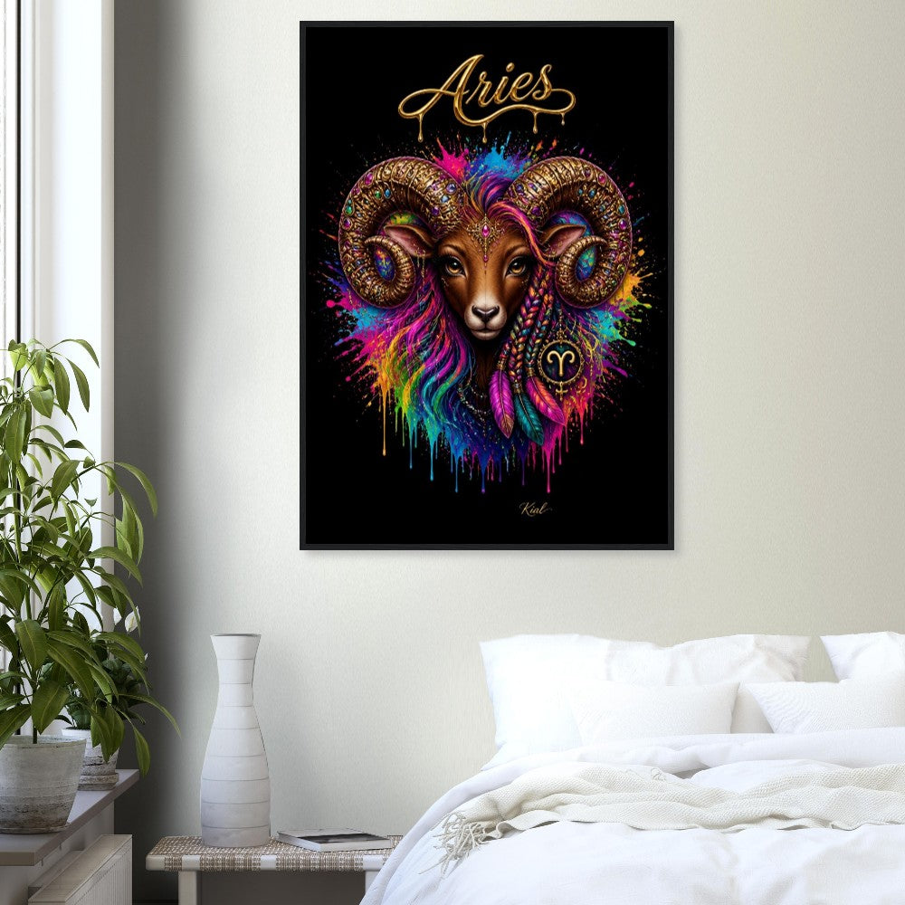 Aries Neon Tierkreis Widder Poster, Farbenfrohe Wandkunst, Künstlerische Astrologie Leinwand, Tierkreis Geschenk für Sie, Dänisches Kunststudio