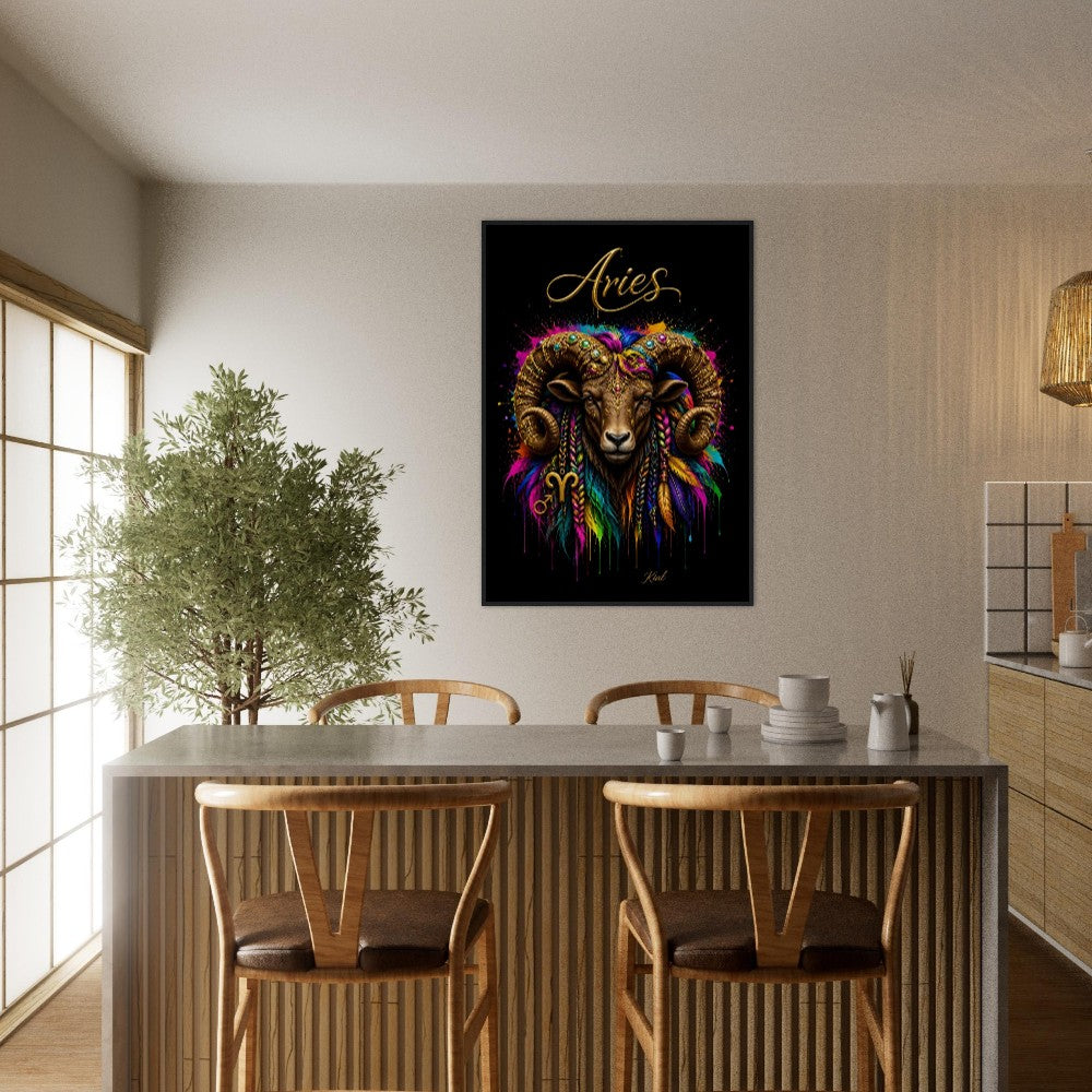 Aries Neon Zodiac Ram Poster, Colorful Wall Art, Artistic Astrology Canvas, Zodiac Gift for Him, Danish Art Studio