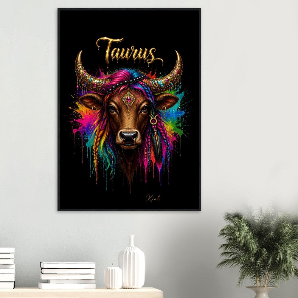 Taurus Neon Zodiac Bull Poster, Colorful Wall Art, Artistic Astrology Canvas, Zodiac Gift for Her, Danish Art Studio