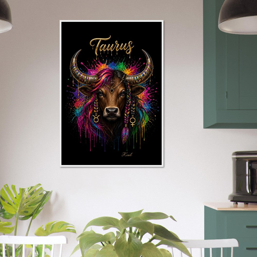 Taurus Neon Zodiac Bull Poster, Colorful Wall Art, Artistic Astrology Canvas, Zodiac Gift for Her, Danish Art Studio