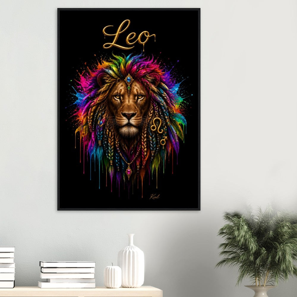 Leo Neon Zodiac Lion Poster, Colorful Wall Art, Artistic Astrology Canvas, Zodiac Gift for Him, Danish Art Studio